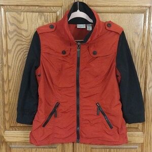 Zenergy By Chico's Women's Ruched Red Black Jacket Size 8 Medium 3/4‎ Sleeves